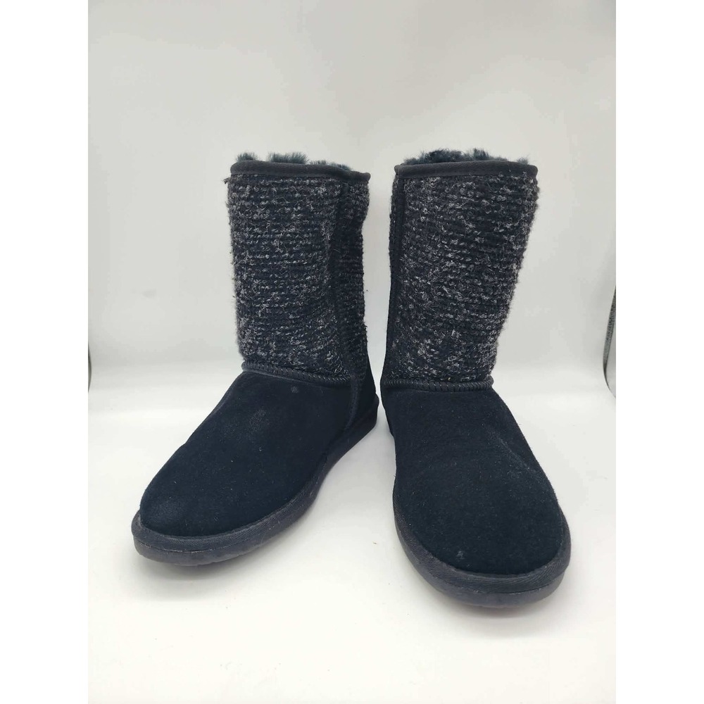 Minnetonka Womens Black Suede Knit Mid Calf Winter Boots Faux Fur Lined Pull On